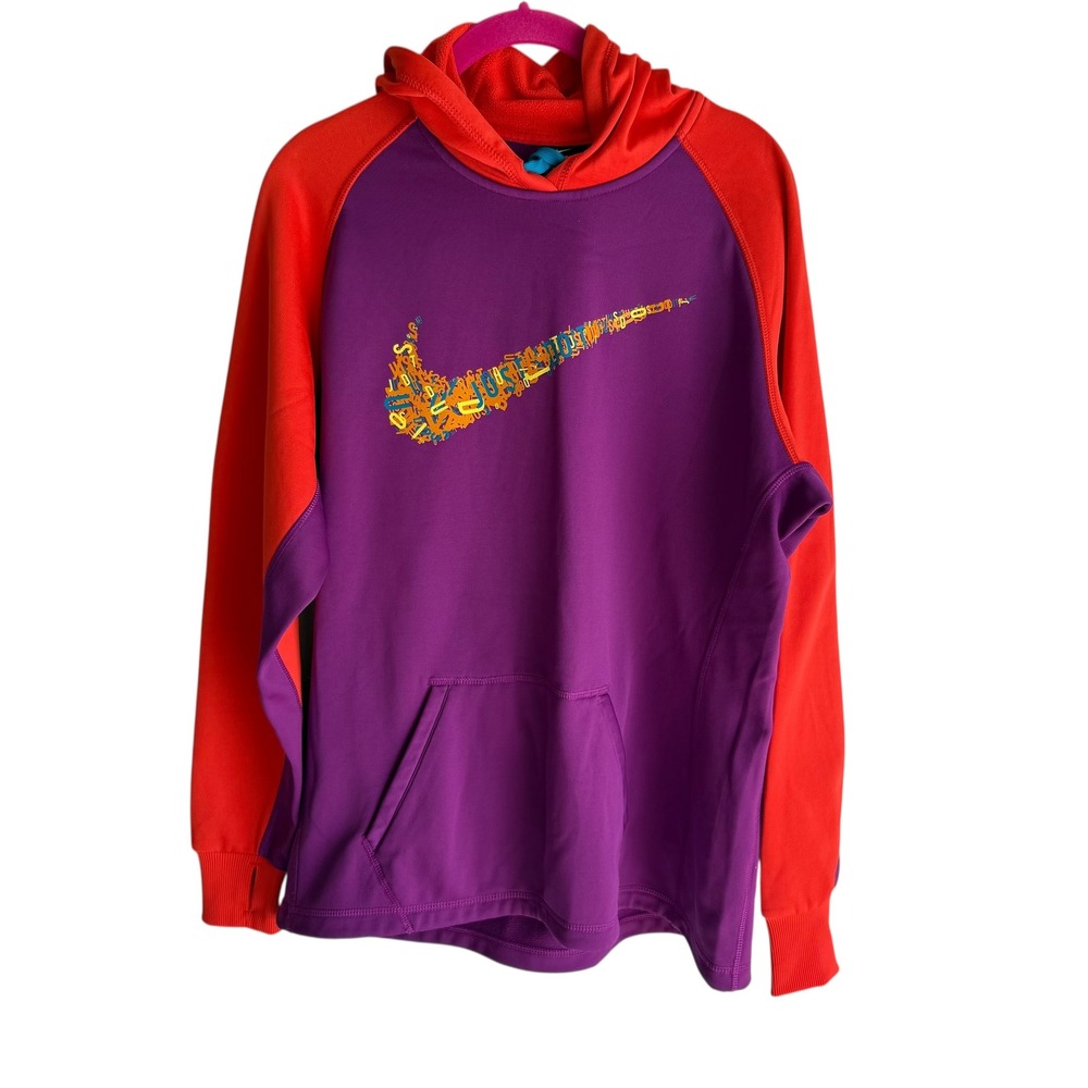 NIKE Therma-Fit Red & Purple Word Art Swoosh Logo Ladies Hooded Fleece, L‎
